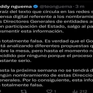 Mensaje de Teodorín negando los nombramientos del INSESO tras la denuncia de Radio Macuto.