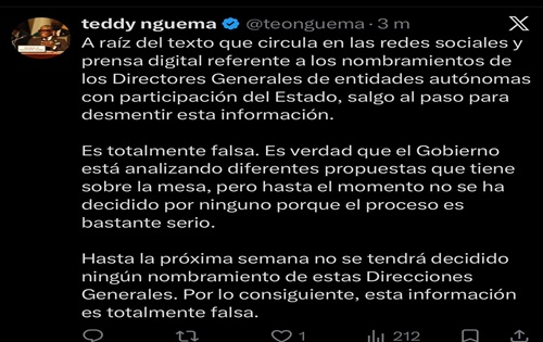 Mensaje de Teodorín negando los nombramientos del INSESO tras la denuncia de Radio Macuto.