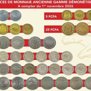 Lámina de la BEAC con las monedas antiguas del franco CFA, de 1 a 500 francos, que pierden su valor el 1 de noviembre de 2026