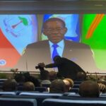 Teodoro Obiang en una pantalla gigante durante el acto del 43.º aniversario de la CEEAC en Libreville