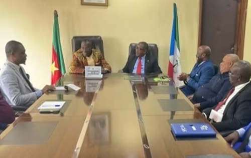 Reunión en una sala de juntas con las banderas de Camerún y Guinea Ecuatorial, durante la visita del embajador Kote al gobernador de la región del Sur de Camerún